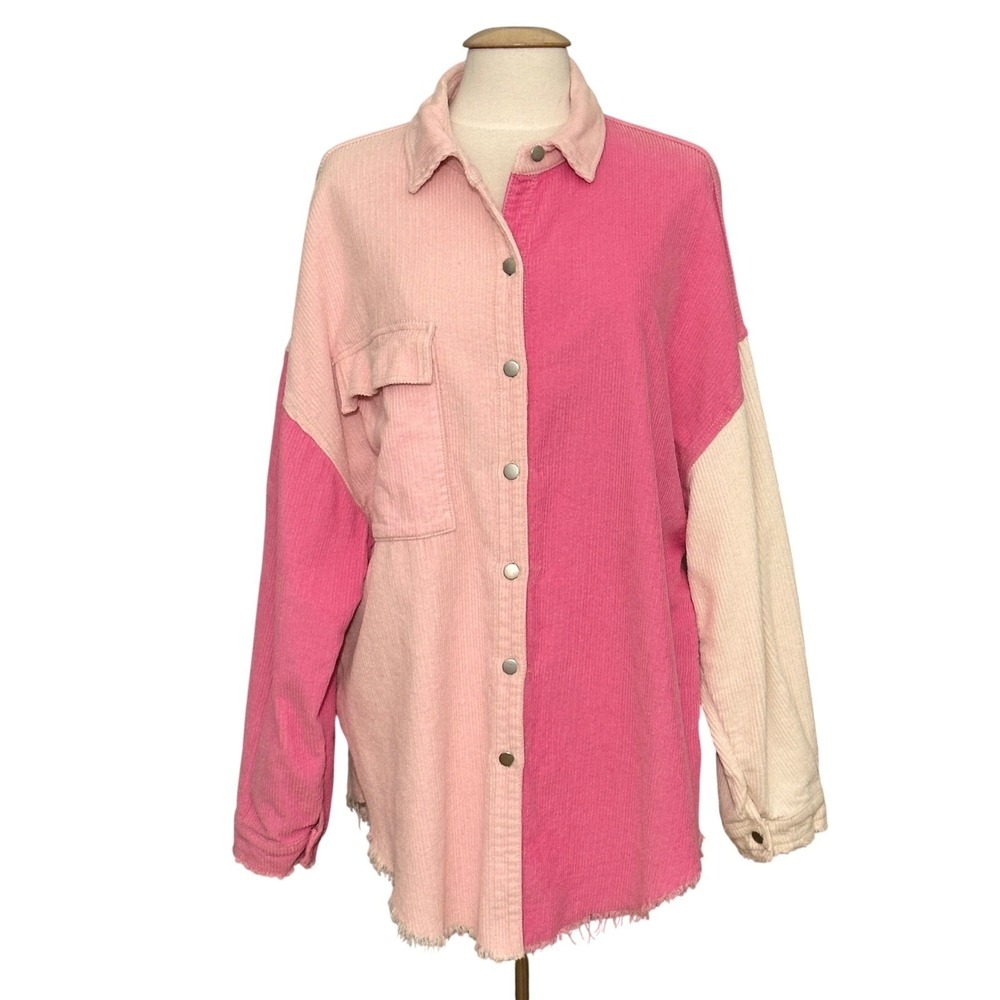 POL Womens Top L Pink Colorblock Corduroy Shacket Oversized Pastel Soft Girl